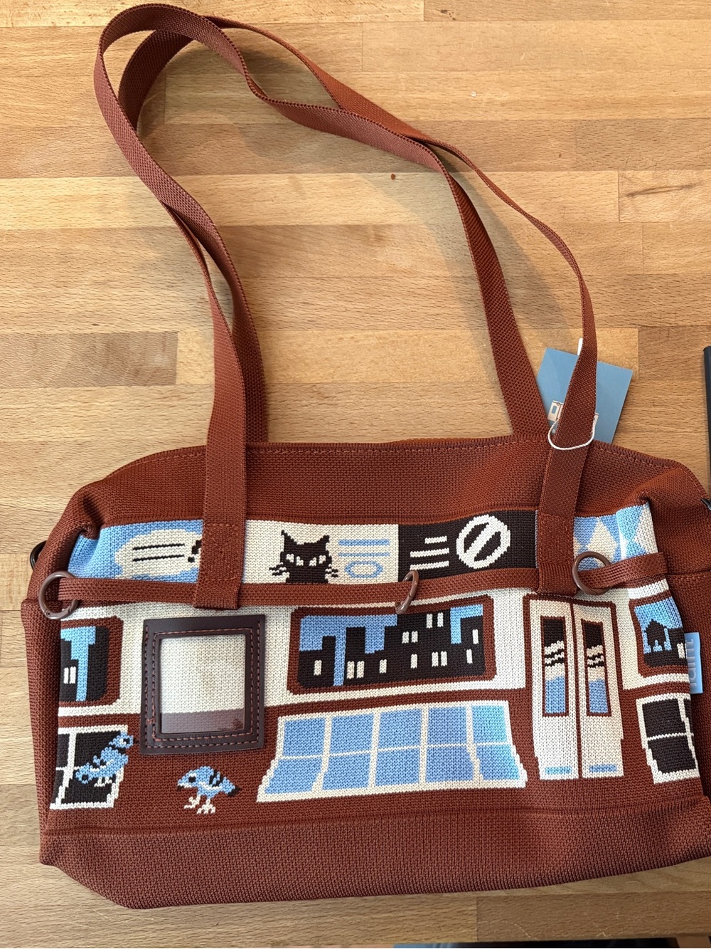 Rust Brown Canvas Shoulder Bag with City & Cat Motif